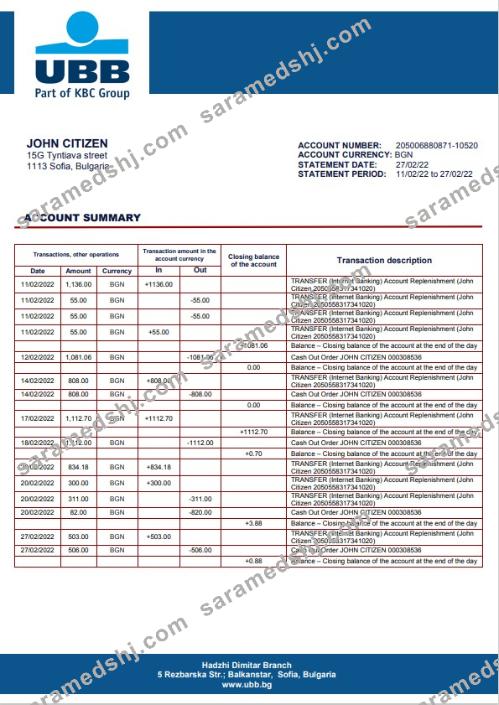 Bulgaria UBB bank proof of addres statement template in Word and PDF format